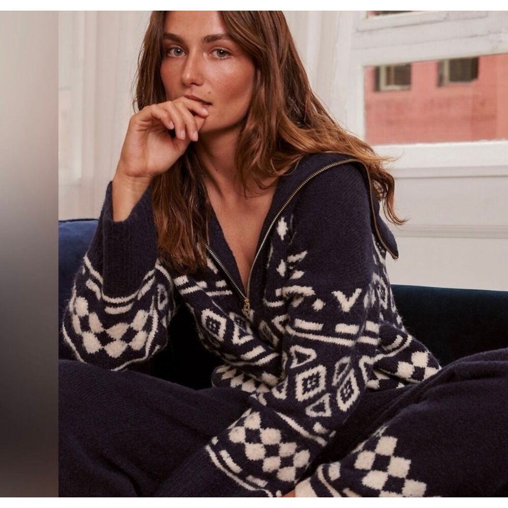 J. Crew Sweater Womens XS/S Navy l Half Zip Geometric Fair Isle Knit Alpaca Wool
